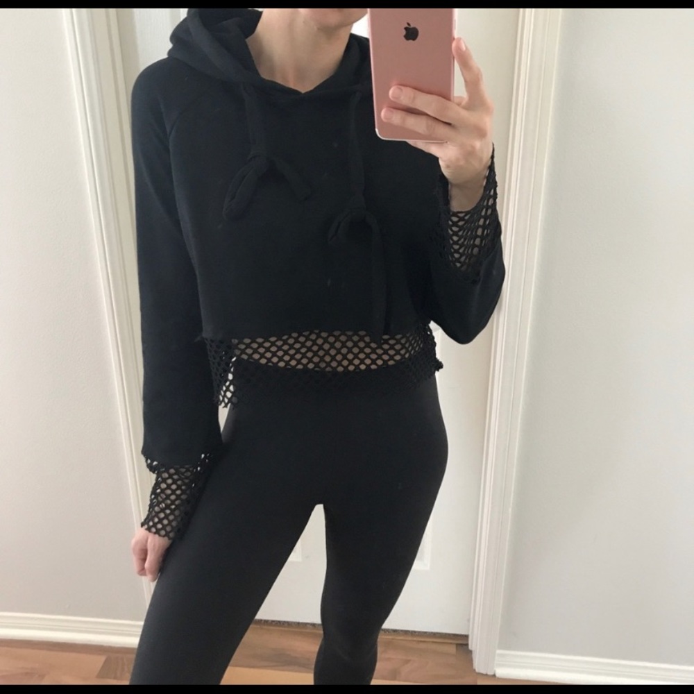 Black Cropped Mesh Hoodie